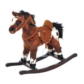Qaba Rocking Horse Kids Plush Ride-On Toy Nursery Rhyme Music 18-36 Months Light Brown White Perfect Gift for Toddlers