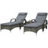 Outsunny Patio Wicker Chaise Lounge Chair Set of 2 with Table, Adjustable Backrest, Wheels, Cushion & Headrest, Gray