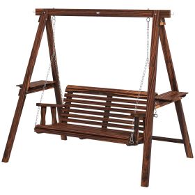 Outsunny Dual-Seater Garden Swing Bench with Frame & Auxiliary Tables, Weathered Look for Outdoor Areas|