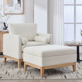 35.4 "Wide Farmhouse Performance Upholstered Wood Base Square Accent Arm Chair with Ottoman Natural Wood Legs with Reversible Lid Coffee Table for Liv