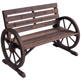 Outsunny Wagon Wheel Bench Rustic 2-Person Outdoor Patio Carbonized Finish with Backrest
