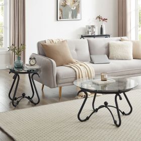 2-Piece Coffee Table Set, Tempered Glass Surface& Sturdy Metal Frame, Coffee Table with End Side Table, Round Small Side Table Sets for Living Room