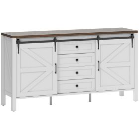 HOMCOM 59" Buffet Cabinet, Farmhouse Sideboard with Thick Top, 2 Barn Doors, 4 Drawers and 2 Adjustable Shelves, White