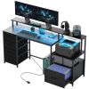 HOMCOM Computer Desk with Power Outlets and LED Lights, 67" Computer Table with File Cabinet and Fabric Drawers, Black