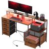 HOMCOM Computer Desk with Power Outlets and LED Lights, 67" Computer Table with File Cabinet and Fabric Drawers, Rustic Brown