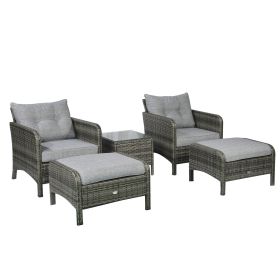 Outsunny 5-Piece Gray Rattan Wicker Lounge Chair Set Outdoor Patio Conversation with Cushions Chairs Ottomans & Glass Table