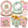 72 Pcs Tea Party Supplies Floral Party Dinnerware Serves 10 Disposable Tableware Supplies 10 Paper Tea Cups 20 Saucers Plates 20 Napkins and 12 Popcor