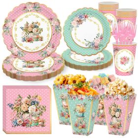 72 Pcs Tea Party Supplies Floral Party Dinnerware Serves 10 Disposable Tableware Supplies 10 Paper Tea Cups 20 Saucers Plates 20 Napkins and 12 Popcor