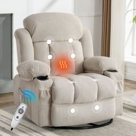 Swinging recliner massage heated sofa, with USB and 2 cup holders in side pockets, (BEIGE )