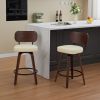 Swivel Bar Stools Set of 2, 26" Upholstered Faux Leather Counter Height Barstools with Walnut Back & Bentwood Legs