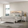 3pc Bedroom Furniture White wash Finish Queen Size Bed w Shelf Light 2x Nightstands Melamine Top Black Bar Pull