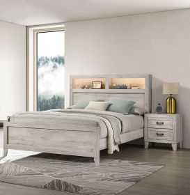 3pc Bedroom Furniture White wash Finish Queen Size Bed w Shelf Light 2x Nightstands Melamine Top Black Bar Pull