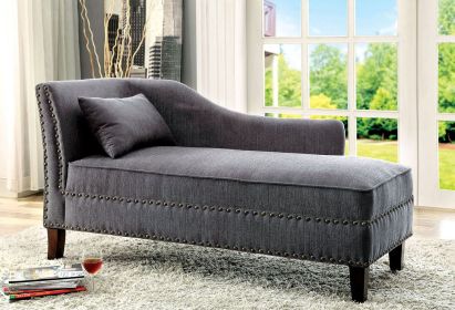 Gray Fabric Chaise / Bench Nailhead Trims Pillow Plush Comfort 1pc Chaise Living Room Furniture