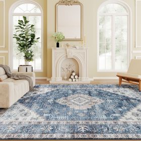 9x12 Area Rug, Vintage Machine Washable Rug, Non-Slip Floor Carpet for Living Room, Bedroom, Dining Room, Blue