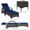 Outsunny Patio Wicker Chaise Lounge Chair Set of 2 with Table, Adjustable Backrest, Wheels, Cushion & Headrest, Dark Blue
