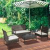 Outsunny Rattan Wicker 4-Piece Patio Furniture Set with Table Chairs Conversation Set Cream White