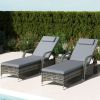 Outsunny Patio Wicker Chaise Lounge Chair Set of 2 with Table, Adjustable Backrest, Wheels, Cushion & Headrest, Gray