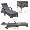 Outsunny Patio Wicker Chaise Lounge Chair Set of 2 with Table, Adjustable Backrest, Wheels, Cushion & Headrest, Gray