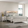 3pc Bedroom Furniture White wash Finish Queen Size Bed w Shelf Light 2x Nightstands Melamine Top Black Bar Pull