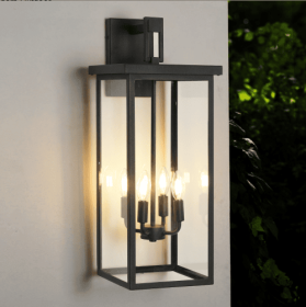 26H 1ps Modern Outdoor Wall Lanterns With Black Metal Frame And Clear Glass, 4 E12 Bulb Socket, Weatherproof Wall Sconces For Porch, Garden, Pati (Color: black)