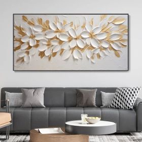 Handmade Oil Painting Gold Foil Flower Knife Canvas Painting Abstract Blooming White Floral Modern Light Luxury Texture Art Premium Home Wall Dec (style: 01, size: 40x80cm)