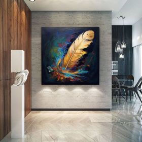 Handmade Oil Painting Original Abstract Feather Oil Painting on Canvas Large Wall Art Golden Texture Painting Minimalist Art Custom Living Room D (style: 01, size: 70x70cm)
