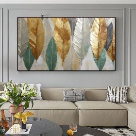 Hand Painted Oil Painting Large Abstract Leaves Oil Painting on Canvas Original Plants Painting Gold Foil Art Decor Living room Wall Decor Custom (style: 01, size: 70x140cm)