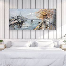 Hand Painted Oil Painting Large Original Oil Painting on Canvas Abstract Art Boho Wall Decor Lake Trees Landscape Bridge Nature Living Room Paint (style: 01, size: 150x220cm)
