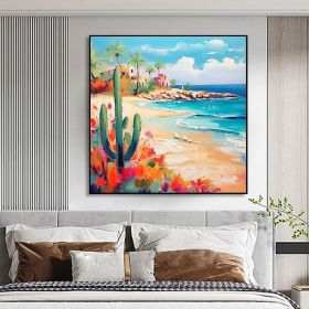 Hand Painted Oil Painting Tropical Seascape Oil Painting on Canvas Original Custom Cactus Home Decor Abstract Beach Painting Living room Wall Dec (style: 01, size: 70x70cm)