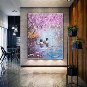 Hand Painted Oil Painting Seaonal Landscape Painting Spring Ducks Floral Painting Oversized Abstract Wall Art Living Room Wall Abstract Art Textu (style: 01, size: 60x90cm)