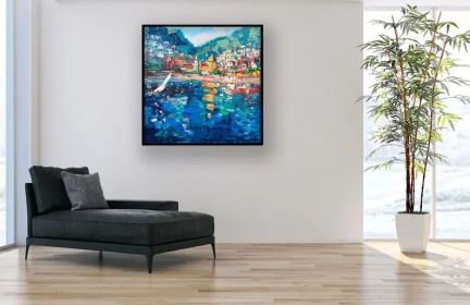 Positano Painting on Canvas Original Art Amalfi Coast Italy Painting Colorful Painting Living Room Decor Square Large Wall Art Gift (style: 01, size: 120x120cm)