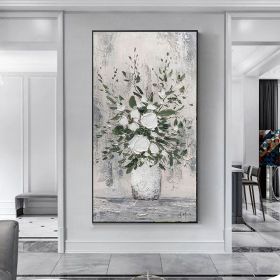 Handmade Oil Painting Abstract White Floral Vase Palette Knife Textured Oil Painting Modern Art On Canvas Grey Wall Art Foe Home Decor (style: 01, size: 40x80cm)