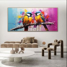 Hand Painted Oil Painting Large Canvas Two Birds On A Branch On Canvas Colorful Wall Art Pictures Animals Art  Posters Trendy Wall Art For Living (style: 01, size: 140x280cm)