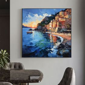 Hand Painted Abstract Mediterranean Oil Painting On Canvas Large Wall Art Original Coastal City Landscape Art Custom Blue Ocean Decor Living Room (style: 01, size: 100x100cm)
