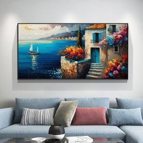 Hand Painted Original Seaside Mediterranean Oil Painting On Canvas Large Wall Art Abstract Blue Seascape Art Custom Painting Living Room Home Dec (style: 01, size: 40x80cm)