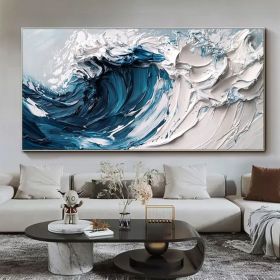 Original Minimalist Beach Oil Painting on Canvas Abstract Texture Blue Ocean Wave Painting Large Wall Art Custom Living Room Wall Decor (style: 01, size: 140x280cm)