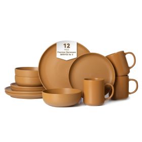12-Piece Stoneware Dinnerware Sets with Mugs | Microwave & Dishwasher Safe | Non-Toxic Dinner Plates Bowls Set | Stackable Matte Glaze Kitchenware for (Main Material: Stone, Main Color: Orange)